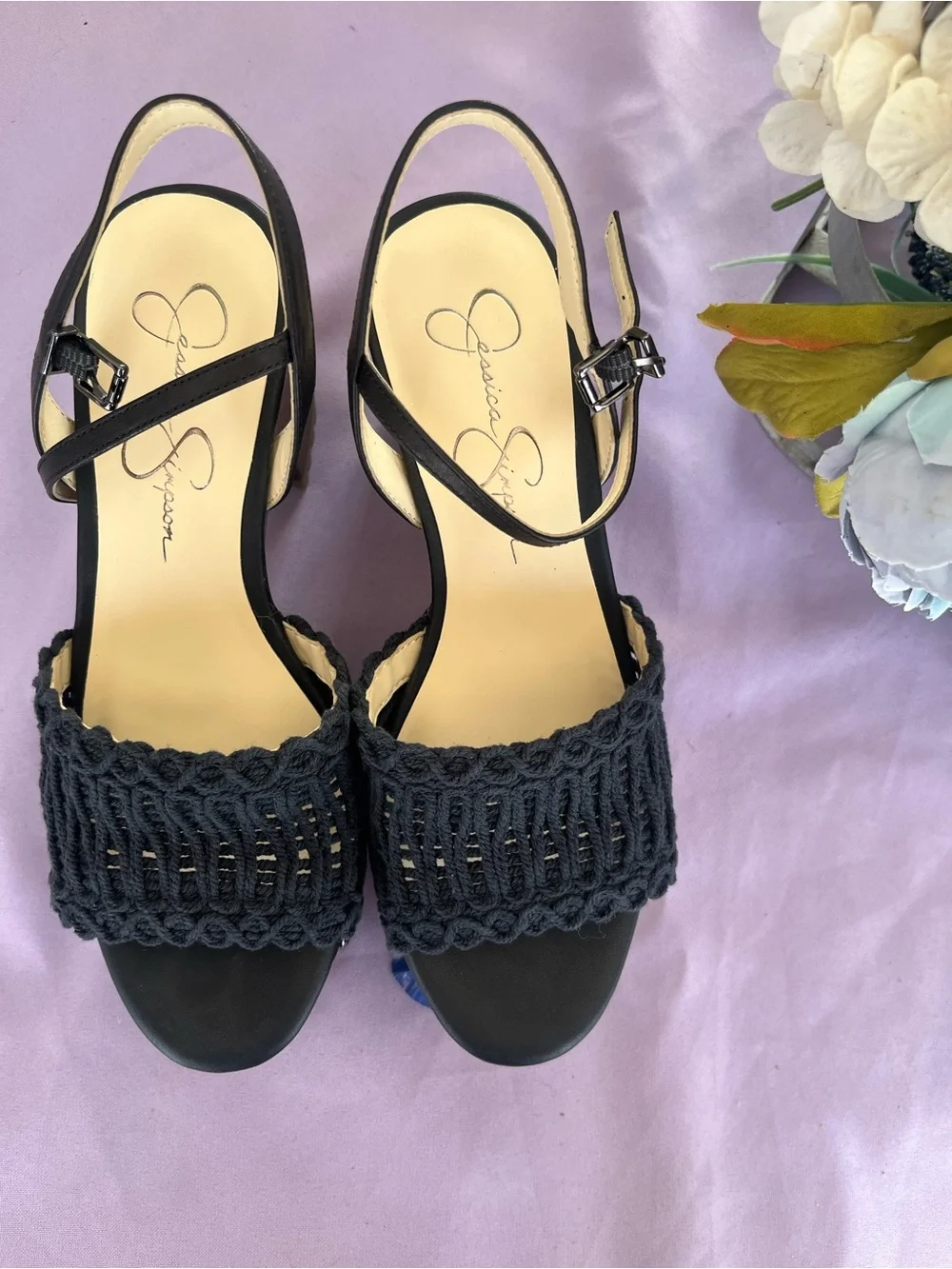 Jessica Simpson Black Crochet Platform Sandals with Wood-Look Block Heel
